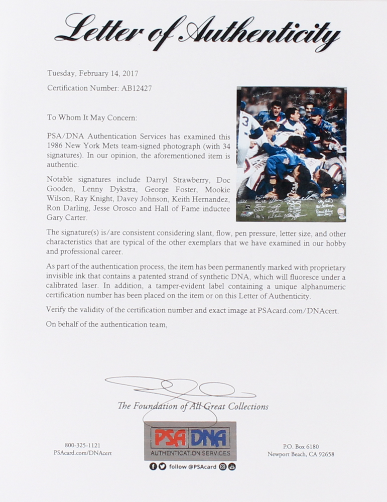 1986 Mets World Series Champions 16x20 Photo Team-Signed by (34) with Darryl Strawberry, Doc Gooden, Lenny Dykstra, Gary Carter (PSA LOA) at PristineAuction.com 1986 Mets World Series Champions 16x20 Photo Team-Signed by (34) with Darryl Strawberry, Doc Gooden, Lenny Dykstra, Gary Carter (PSA LOA) at PristineAuction.com
