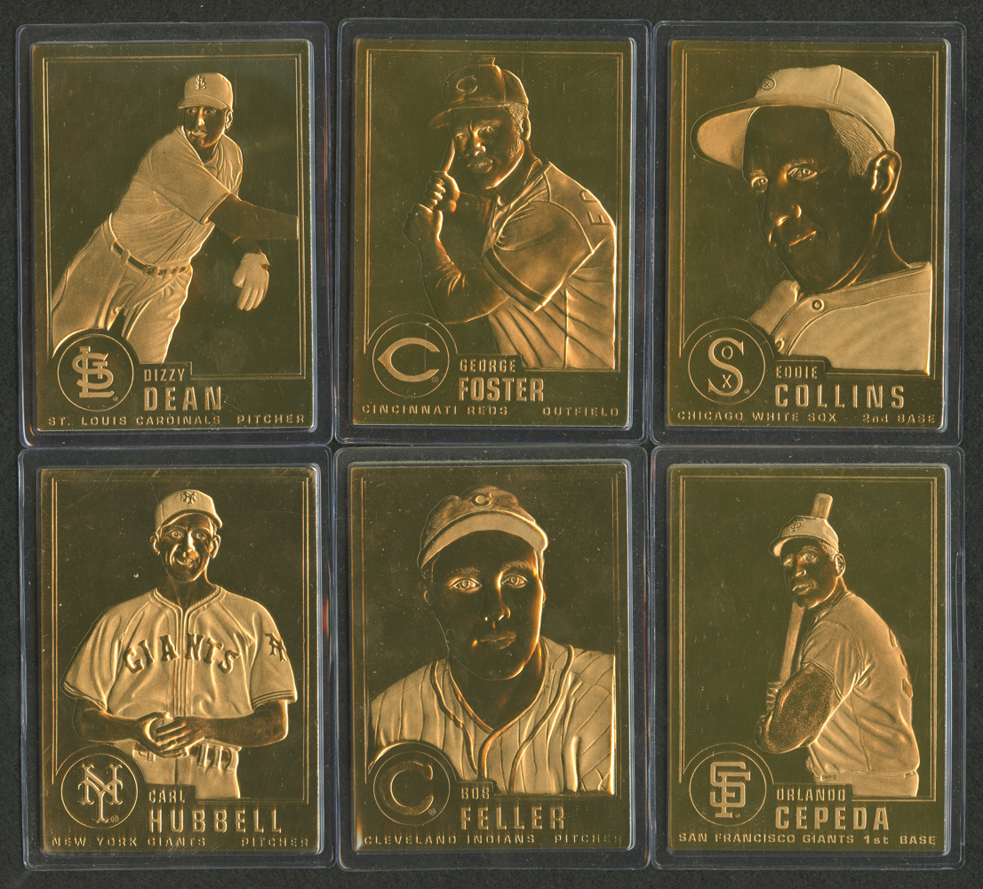 Lot of (6) 1996-03 Danbury Mint 22kt Gold Baseball Cards with #1 Carl Hubbell, #33 Dizzy Dean, #40 Bob Feller, #45 George Foster, #2 Orlando Cepeda & #18 Eddie Collins at PristineAuction.com Lot of (6) 1996-03 Danbury Mint 22kt Gold Baseball Cards with #1 Carl Hubbell, #33 Dizzy Dean, #40 Bob Feller, #45 George Foster, #2 Orlando Cepeda & #18 Eddie Collins at PristineAuction.com