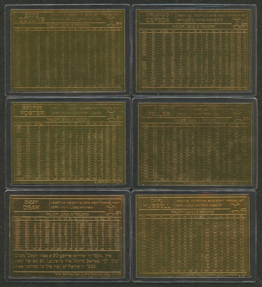 Lot of (6) 1996-03 Danbury Mint 22kt Gold Baseball Cards with #1 Carl Hubbell, #33 Dizzy Dean, #40 Bob Feller, #45 George Foster, #2 Orlando Cepeda & #18 Eddie Collins at PristineAuction.com Lot of (6) 1996-03 Danbury Mint 22kt Gold Baseball Cards with #1 Carl Hubbell, #33 Dizzy Dean, #40 Bob Feller, #45 George Foster, #2 Orlando Cepeda & #18 Eddie Collins at PristineAuction.com