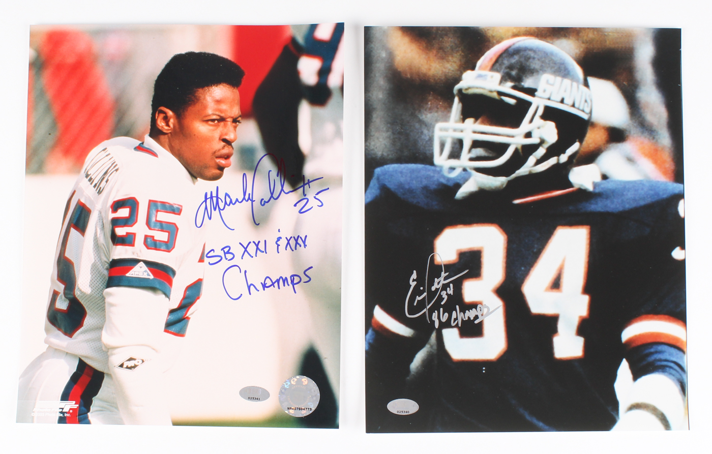 Lot of (2) 8x10 Photos Signed by Elvis Patterson & Mark Collins Inscribed "86 Champs" & "SB XXI & XXV Champs" (FSC COA) at PristineAuction.com Lot of (2) 8x10 Photos Signed by Elvis Patterson & Mark Collins Inscribed "86 Champs" & "SB XXI & XXV Champs" (FSC COA) at PristineAuction.com