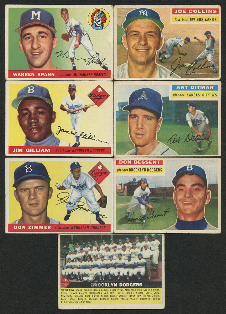 Lot of (7) Topps Baseball Cards with 1955 Topps #31 Warren Spahn, 1956 Topps #166 Brooklyn Dodgers Team Card, 1956 Topps #21 Joe Collins at PristineAuction.com Lot of (7) Topps Baseball Cards with 1955 Topps #31 Warren Spahn, 1956 Topps #166 Brooklyn Dodgers Team Card, 1956 Topps #21 Joe Collins at PristineAuction.com