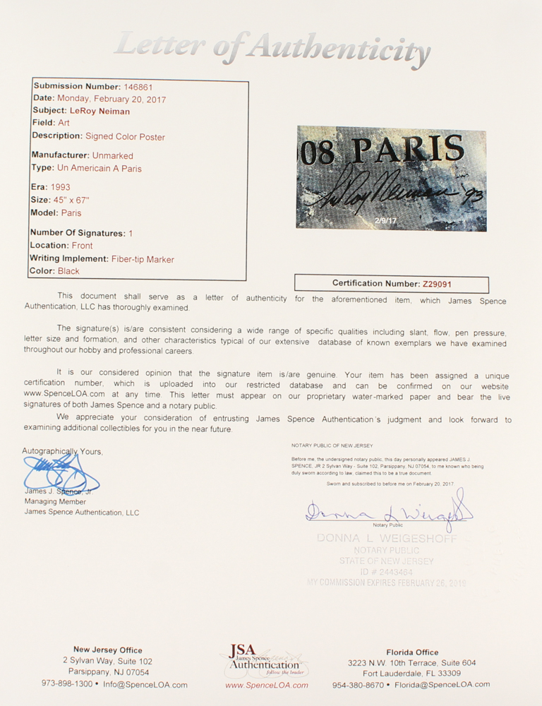 LeRoy Neiman Signed "Un Americain a Paris" 4' x 6' Museum-Used Advertisement Poster Print (JSA LOA) at PristineAuction.com LeRoy Neiman Signed "Un Americain a Paris" 4' x 6' Museum-Used Advertisement Poster Print (JSA LOA) at PristineAuction.com