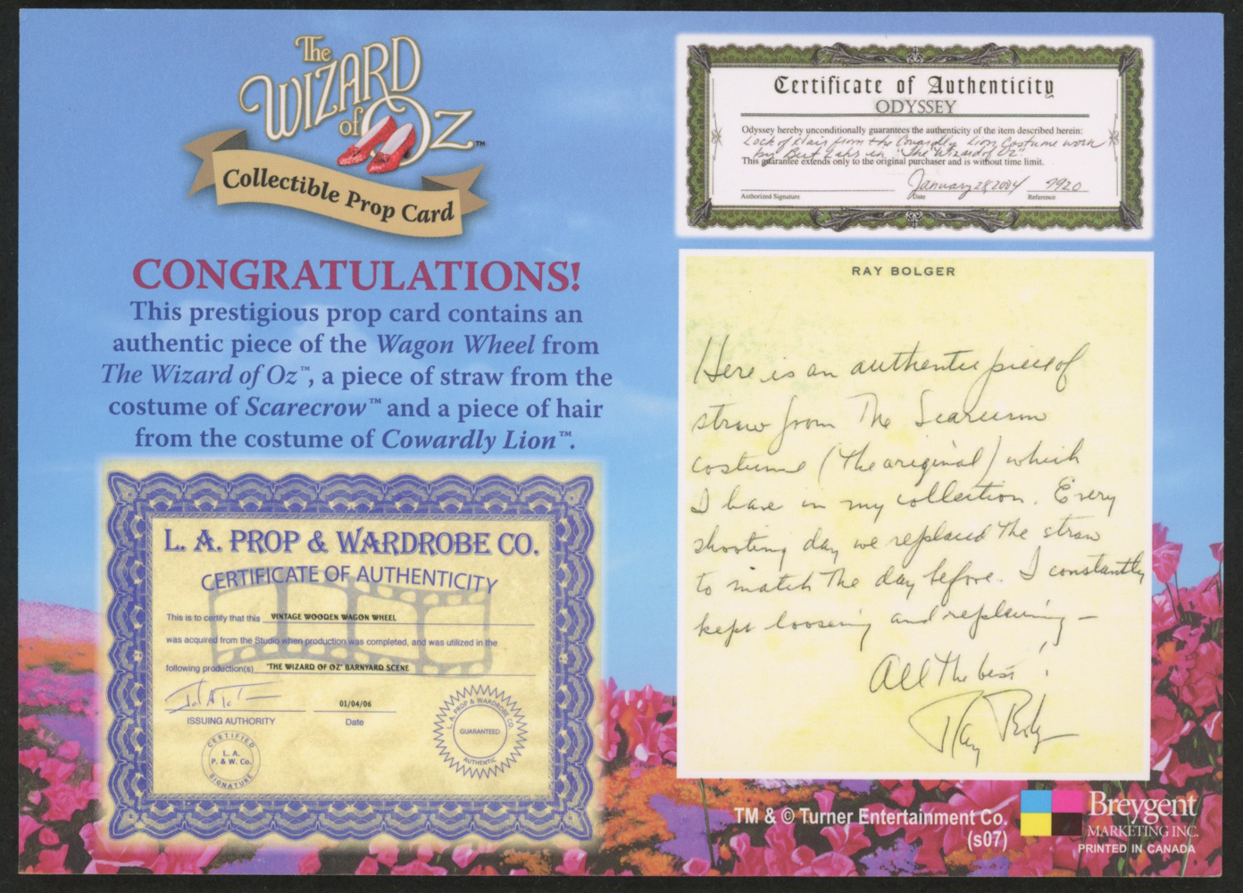 "Wizard of Oz" Prop Card Display With Piece of Wagon Wheel, Straw From Scarecrow & Hair From Lion (Odyssey COA) at PristineAuction.com "Wizard of Oz" Prop Card Display With Piece of Wagon Wheel, Straw From Scarecrow & Hair From Lion (Odyssey COA) at PristineAuction.com