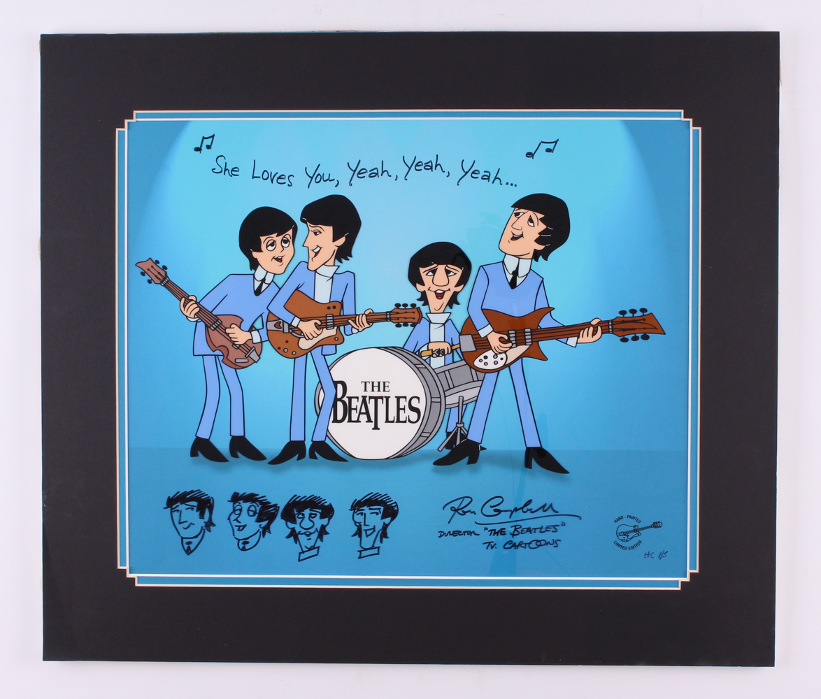 Ron Campbell Signed The Beatles "Saturday Morning Beatles" 21" x 18" Custom Matted Limited Edition Animation Cel (PA LOA) at PristineAuction.com Ron Campbell Signed The Beatles "Saturday Morning Beatles" 21" x 18" Custom Matted Limited Edition Animation Cel (PA LOA) at PristineAuction.com
