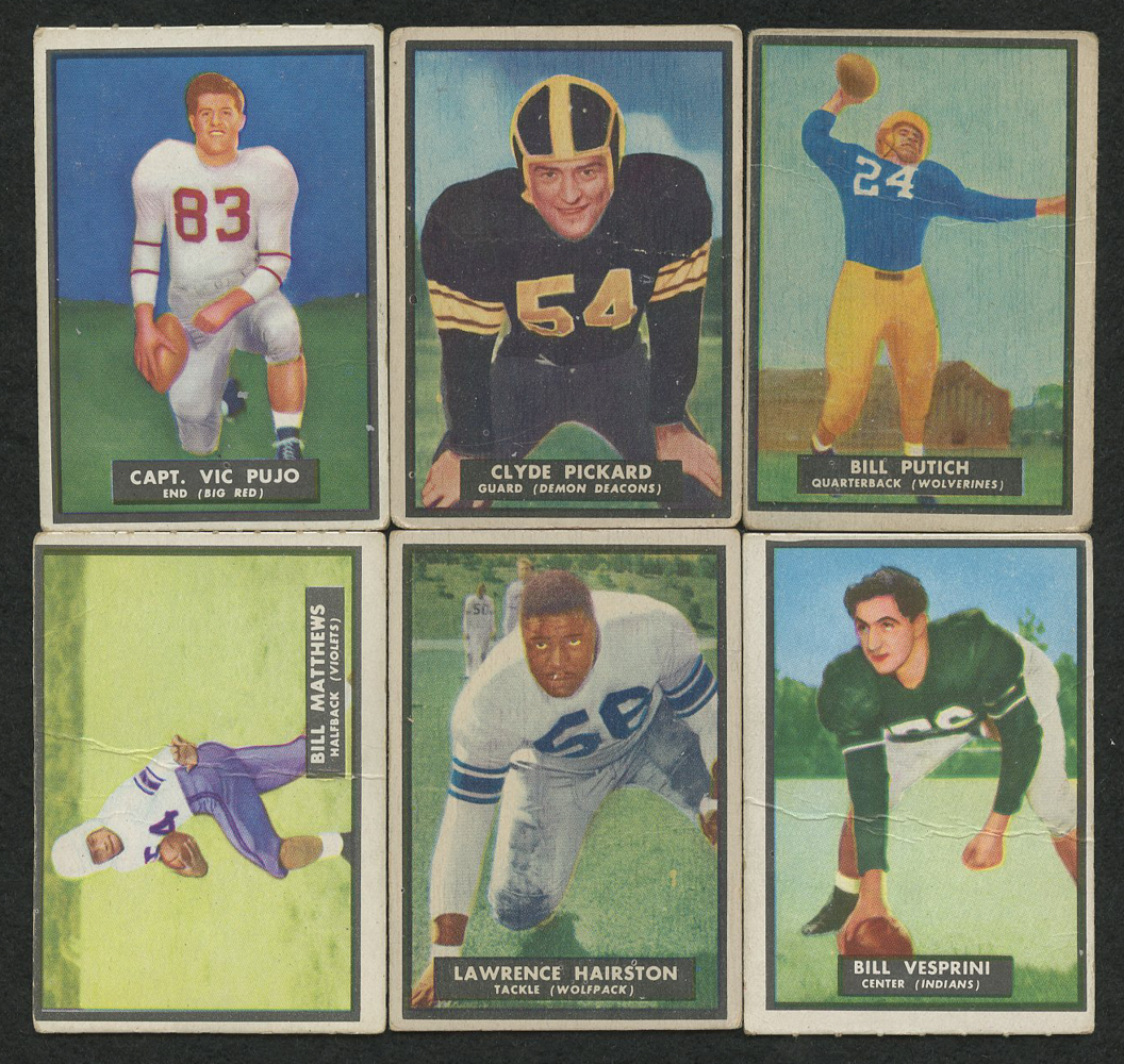 Lot of (6) 1951 Topps Magic Football Cards with #40 Bill Vesprini RC, #47 Bill Putich RC, #52 Clyde Pickard RC, #57 Vic Pujo RC, #65 Bill Matthews RC, #74 Lawrence Hairston RC at PristineAuction.com Lot of (6) 1951 Topps Magic Football Cards with #40 Bill Vesprini RC, #47 Bill Putich RC, #52 Clyde Pickard RC, #57 Vic Pujo RC, #65 Bill Matthews RC, #74 Lawrence Hairston RC at PristineAuction.com