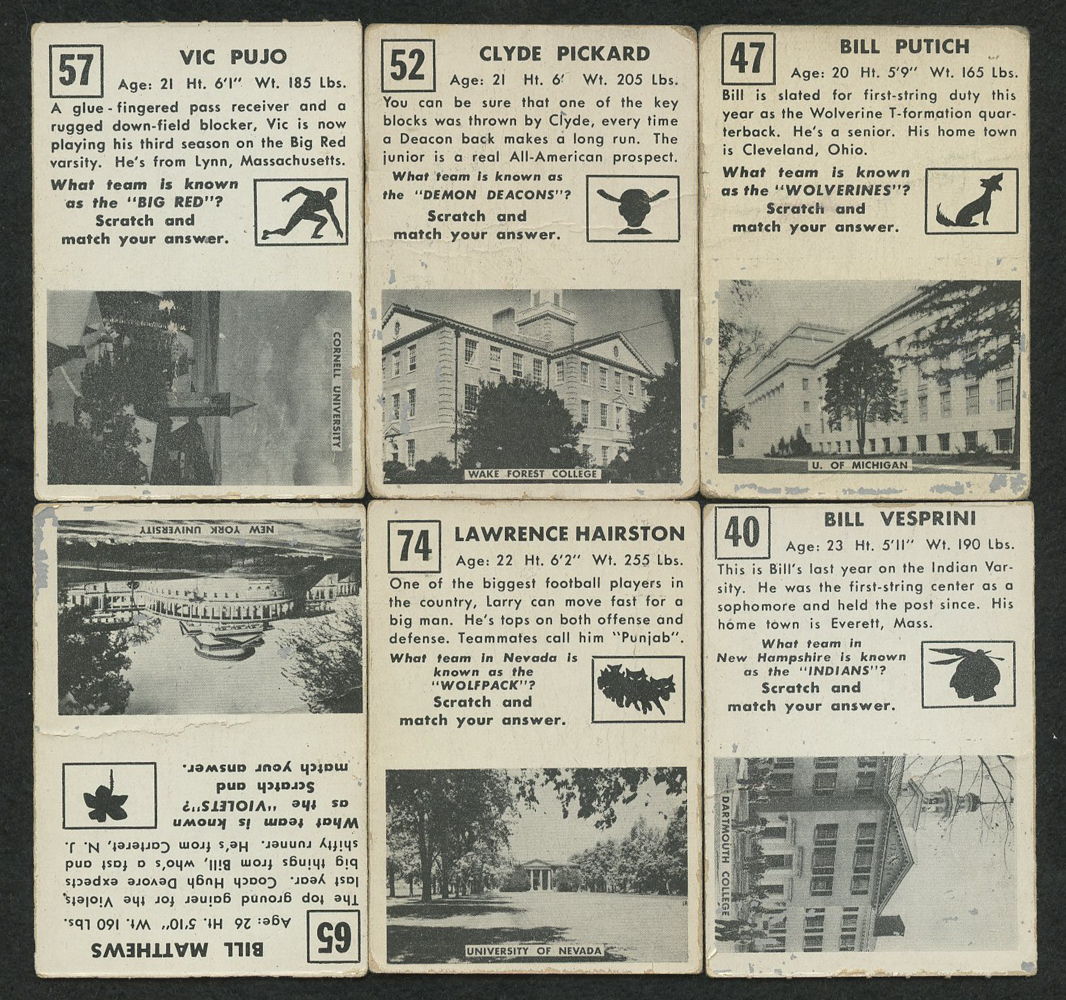 Lot of (6) 1951 Topps Magic Football Cards with #40 Bill Vesprini RC, #47 Bill Putich RC, #52 Clyde Pickard RC, #57 Vic Pujo RC, #65 Bill Matthews RC, #74 Lawrence Hairston RC at PristineAuction.com Lot of (6) 1951 Topps Magic Football Cards with #40 Bill Vesprini RC, #47 Bill Putich RC, #52 Clyde Pickard RC, #57 Vic Pujo RC, #65 Bill Matthews RC, #74 Lawrence Hairston RC at PristineAuction.com