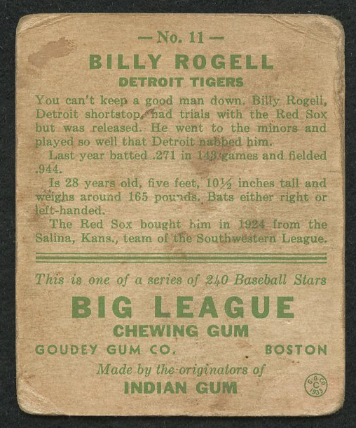1933 Goudey #11 Billy Rogell RC at PristineAuction.com 1933 Goudey #11 Billy Rogell RC at PristineAuction.com