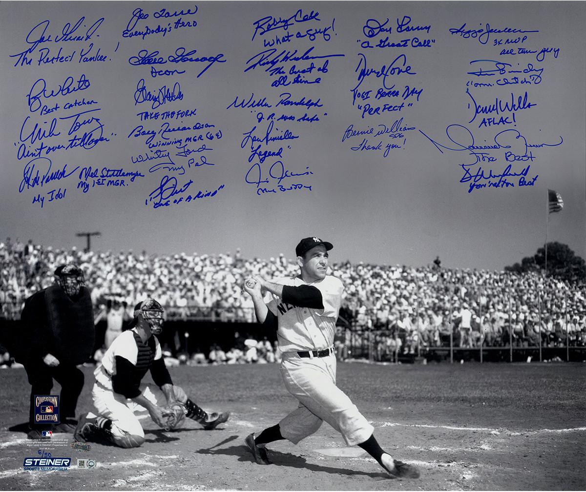 "Yogi Berra Tribute" 20x24 Metallic Photo Signed by (24) with Jorge Posada, Joe Torre, Bucky Dent, Mel Stottlemyre, Whitey Ford (Steiner COA) at PristineAuction.com "Yogi Berra Tribute" 20x24 Metallic Photo Signed by (24) with Jorge Posada, Joe Torre, Bucky Dent, Mel Stottlemyre, Whitey Ford (Steiner COA) at PristineAuction.com