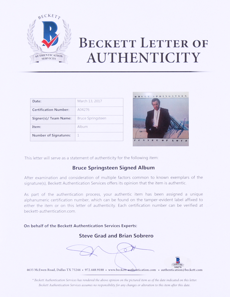Bruce Springsteen Signed "Tunnel of Love" Vinyl Record Album (Beckett LOA) at PristineAuction.com Bruce Springsteen Signed "Tunnel of Love" Vinyl Record Album (Beckett LOA) at PristineAuction.com