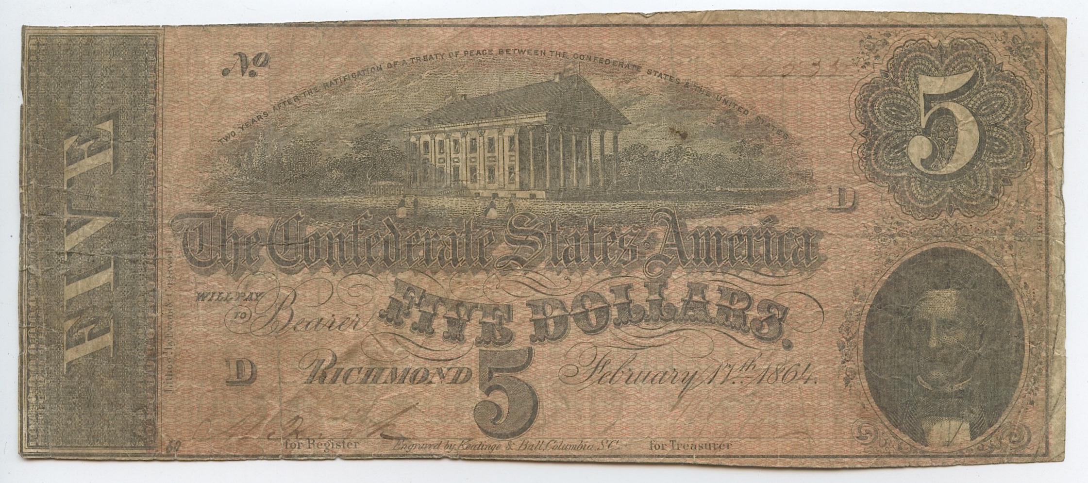 1864 $5 Five Dollars Confederate States of America Richmond CSA Bank Note Bill at PristineAuction.com 1864 $5 Five Dollars Confederate States of America Richmond CSA Bank Note Bill at PristineAuction.com