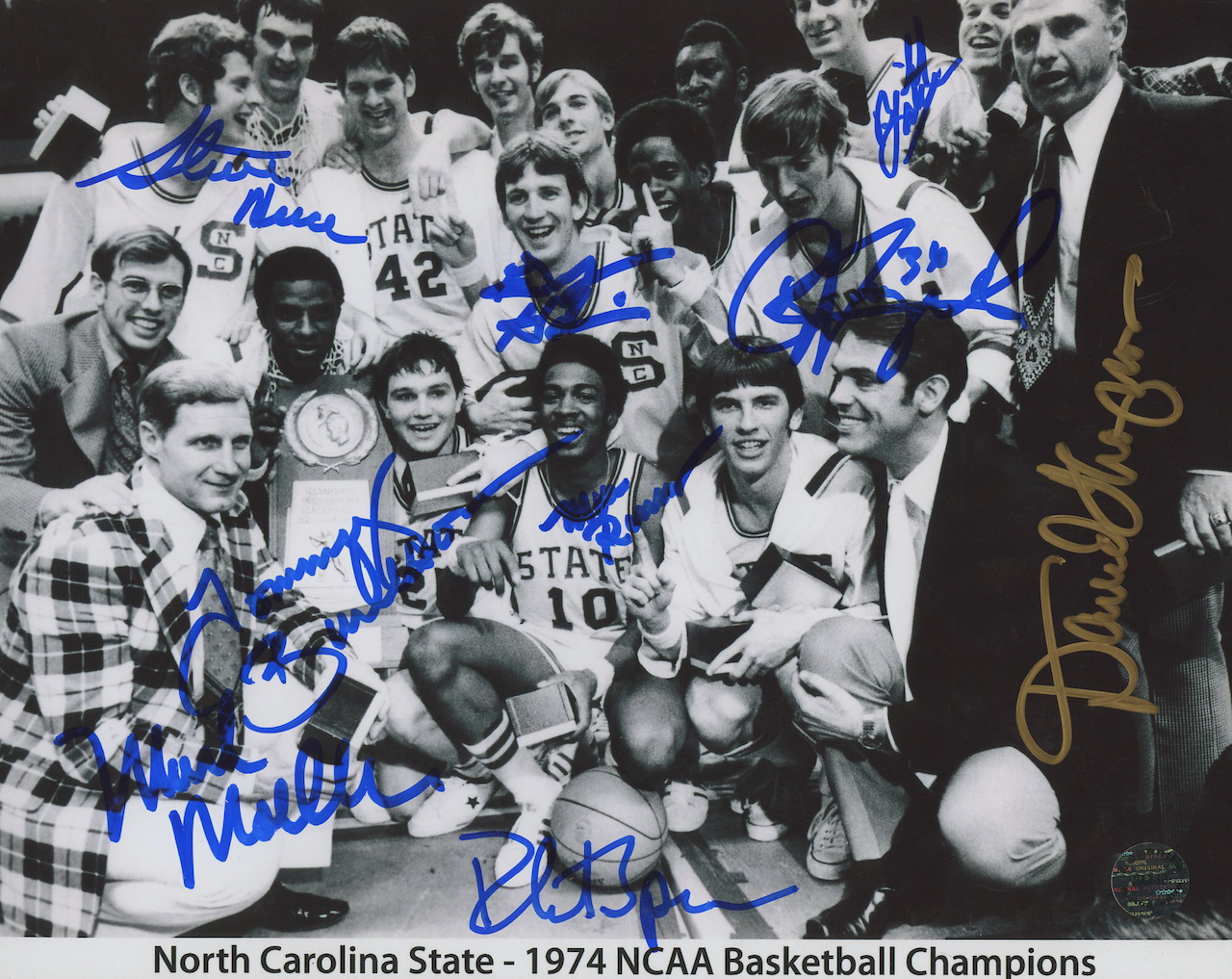 1974 North Carolina State "NCAA Basketball Champions" 8x10 Photo Team-Signed By (9) Including David Thompson, Tommy Burleson, Bill Lake (Legends COA) at PristineAuction.com 1974 North Carolina State "NCAA Basketball Champions" 8x10 Photo Team-Signed By (9) Including David Thompson, Tommy Burleson, Bill Lake (Legends COA) at PristineAuction.com