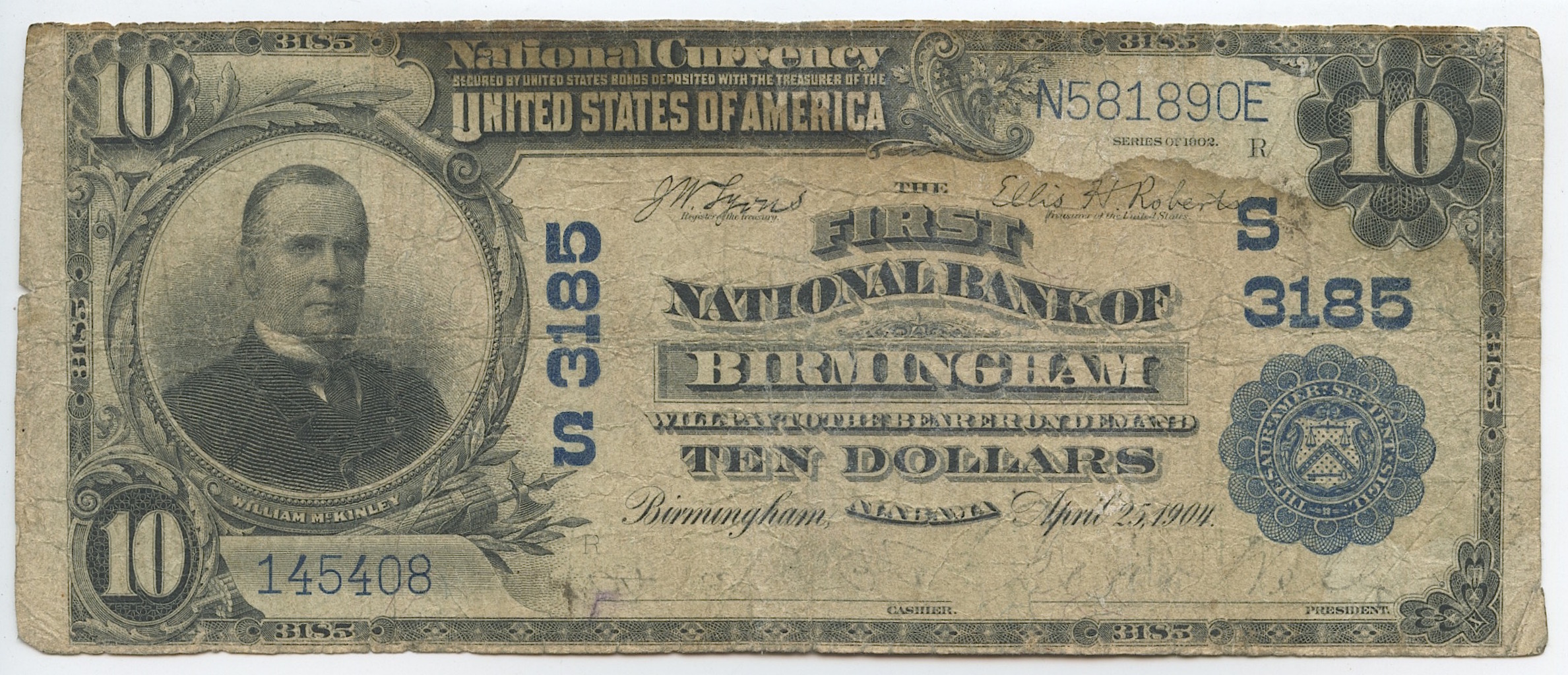 1902 $10 Ten Dollars U.S. National Currency - The First National Bank of Birmingham, Alabama at PristineAuction.com 1902 $10 Ten Dollars U.S. National Currency - The First National Bank of Birmingham, Alabama at PristineAuction.com