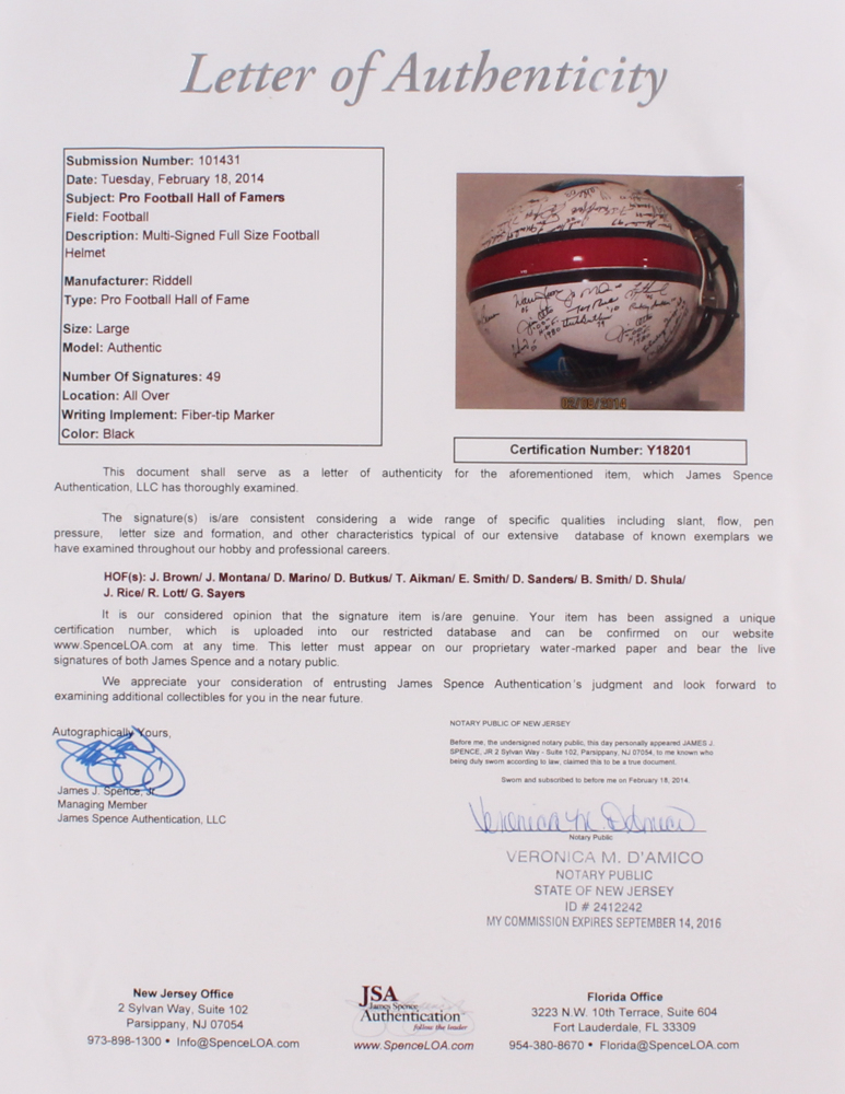 NFL HOF Full-Size Helmet Signed by (49) with Jim Brown, Joe Montana, Dan Marino, Dick Butkus, Troy Aikman, Emmitt Smith, Deion Sanders, Bruce Smith, Don Shula, Jerry Rice, Ronnie Lott, Gale Sayers (JSA LOA) at PristineAuction.com NFL HOF Full-Size Helmet Signed by (49) with Jim Brown, Joe Montana, Dan Marino, Dick Butkus, Troy Aikman, Emmitt Smith, Deion Sanders, Bruce Smith, Don Shula, Jerry Rice, Ronnie Lott, Gale Sayers (JSA LOA) at PristineAuction.com