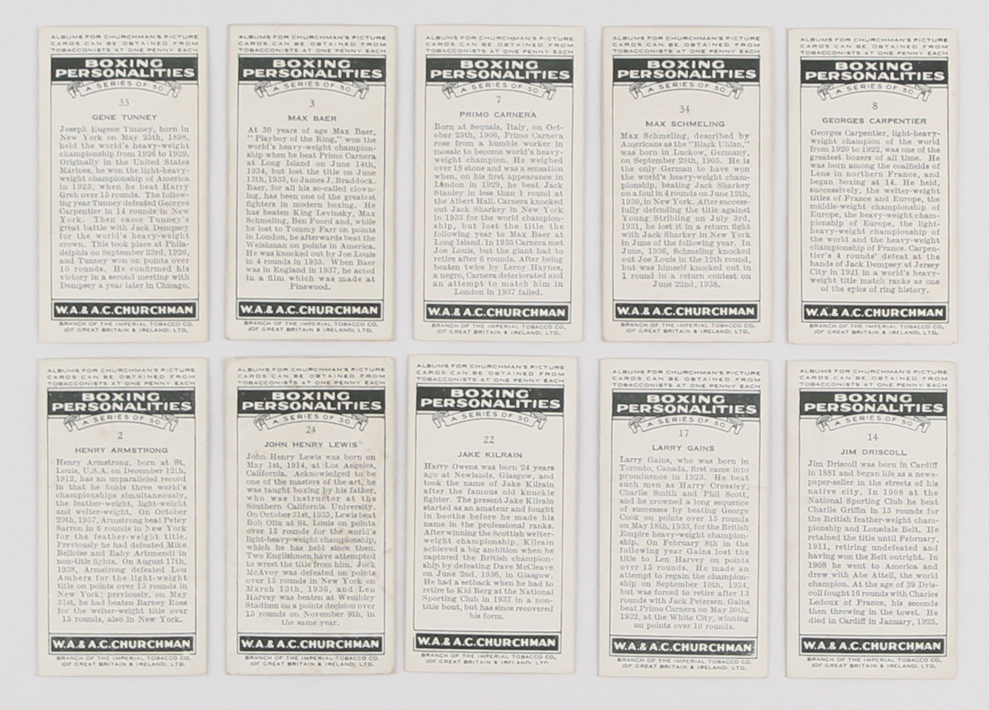 1938 Churchman "Boxing Personalities" Near Complete Set of (46/50) Cigarette Cards with Gene Tunney, Max Schmelling, John Henry Lewis, Max Baer at PristineAuction.com 1938 Churchman "Boxing Personalities" Near Complete Set of (46/50) Cigarette Cards with Gene Tunney, Max Schmelling, John Henry Lewis, Max Baer at PristineAuction.com