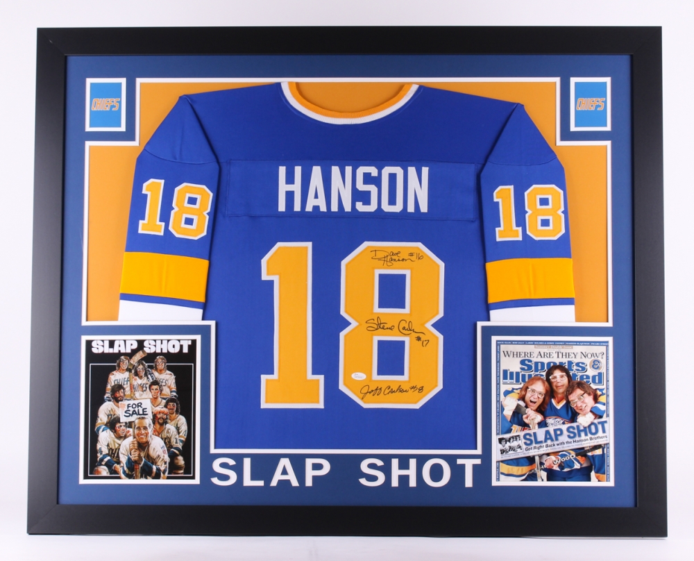 Hanson Brothers "Slap Shot" Chiefs 35" x 43" Custom Framed Jersey Signed by (3) with Dave Hanson, Steve Carlson & Jeff Carlson (JSA COA) at PristineAuction.com Hanson Brothers "Slap Shot" Chiefs 35" x 43" Custom Framed Jersey Signed by (3) with Dave Hanson, Steve Carlson & Jeff Carlson (JSA COA) at PristineAuction.com
