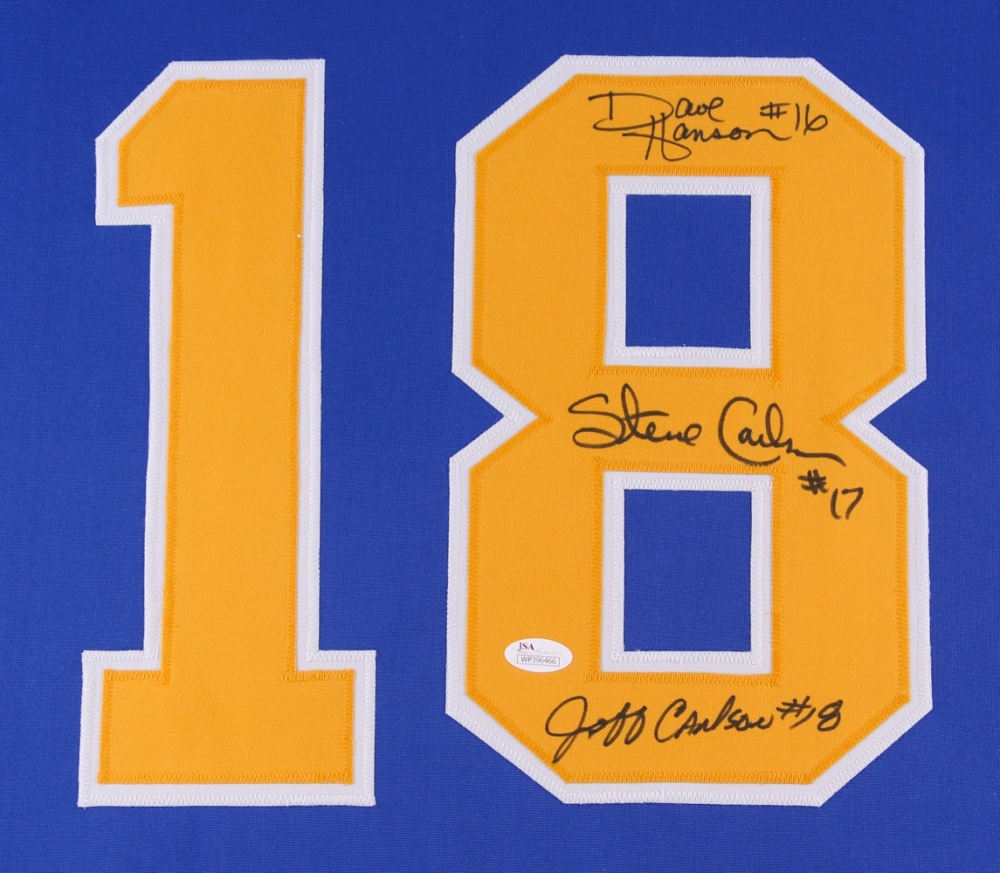 Hanson Brothers "Slap Shot" Chiefs 35" x 43" Custom Framed Jersey Signed by (3) with Dave Hanson, Steve Carlson & Jeff Carlson (JSA COA) at PristineAuction.com Hanson Brothers "Slap Shot" Chiefs 35" x 43" Custom Framed Jersey Signed by (3) with Dave Hanson, Steve Carlson & Jeff Carlson (JSA COA) at PristineAuction.com