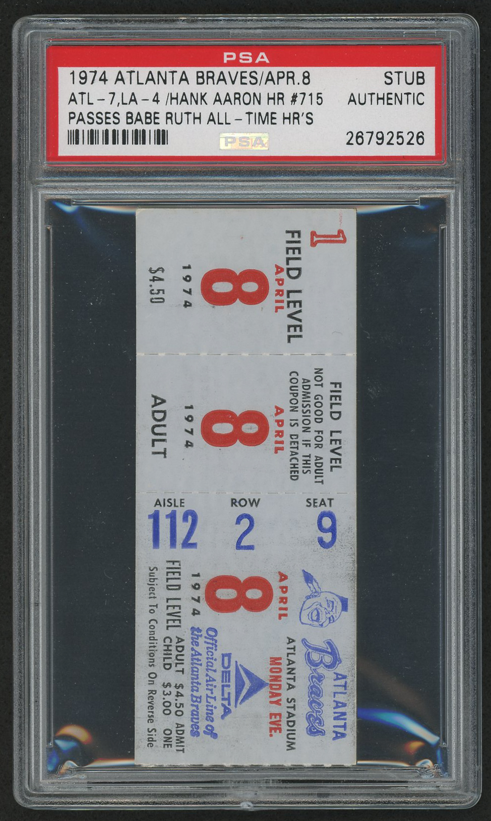 1974 Hank Aaron Home Run Record #715 Ticket Stub (PSA Authentic) at PristineAuction.com 1974 Hank Aaron Home Run Record #715 Ticket Stub (PSA Authentic) at PristineAuction.com