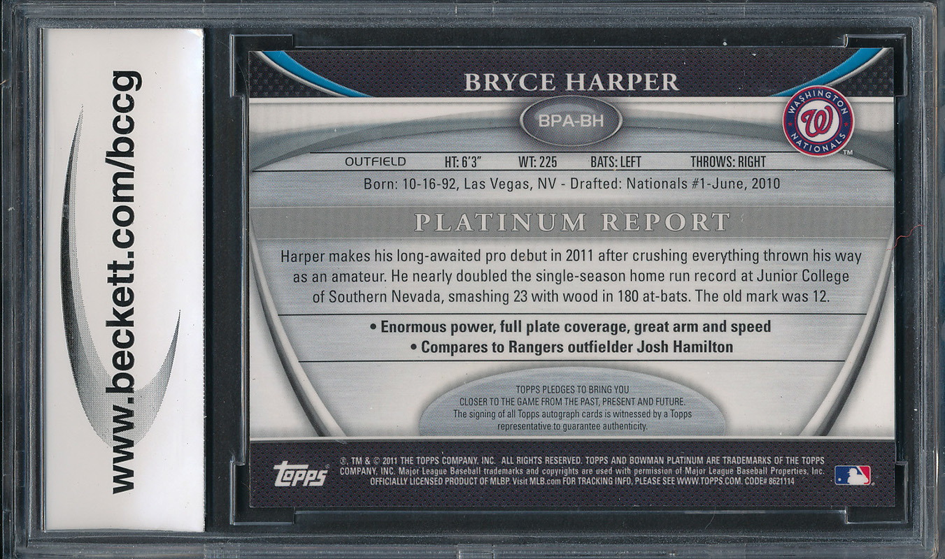 2011 Bowman Platinum Prospect Autograph Refractors #BH Bryce Harper (BCCG 10) at PristineAuction.com 2011 Bowman Platinum Prospect Autograph Refractors #BH Bryce Harper (BCCG 10) at PristineAuction.com