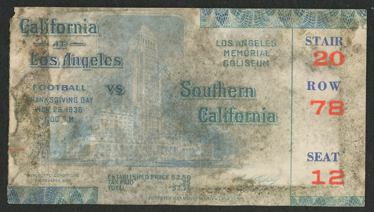 1936 Thanksgiving Day UCLA Bruins vs USC Trojans Football Ticket at PristineAuction.com 1936 Thanksgiving Day UCLA Bruins vs USC Trojans Football Ticket at PristineAuction.com