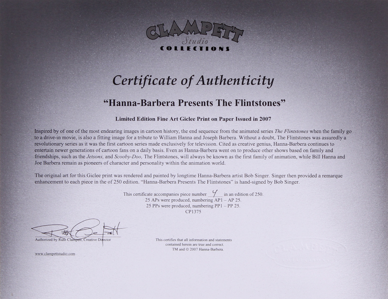 Bob Singer Signed "Hanna-Barbera Presents The Flintstones" 20" x 15" Limited Edition Giclee on Paper #4/250 (PA LOA & Clampett Studio COA) at PristineAuction.com Bob Singer Signed "Hanna-Barbera Presents The Flintstones" 20" x 15" Limited Edition Giclee on Paper #4/250 (PA LOA & Clampett Studio COA) at PristineAuction.com