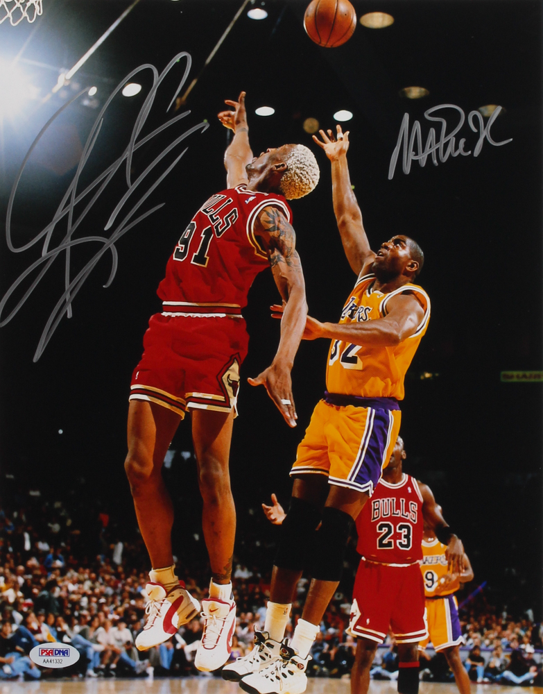 Dennis Rodman & Magic Johnson Signed Bulls vs. Lakers 11x14 Photo (PSA COA) at PristineAuction.com Dennis Rodman & Magic Johnson Signed Bulls vs. Lakers 11x14 Photo (PSA COA) at PristineAuction.com
