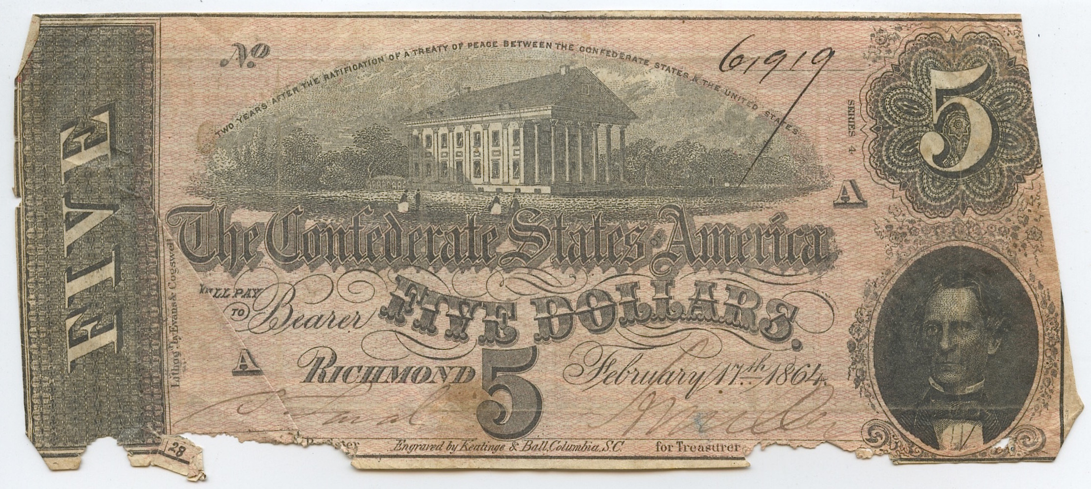 1864 $5 Five Dollars Confederate States of America Richmond CSA Bank Note Bill at PristineAuction.com 1864 $5 Five Dollars Confederate States of America Richmond CSA Bank Note Bill at PristineAuction.com