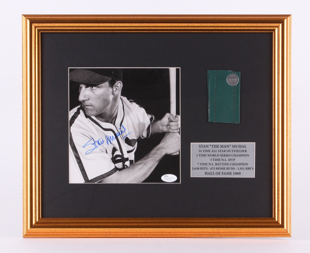 Sports Memorabilia Auction Pristine Stan Musial Signed Cardinals 14 X 17 Custom Framed Display With Piece Of Game
