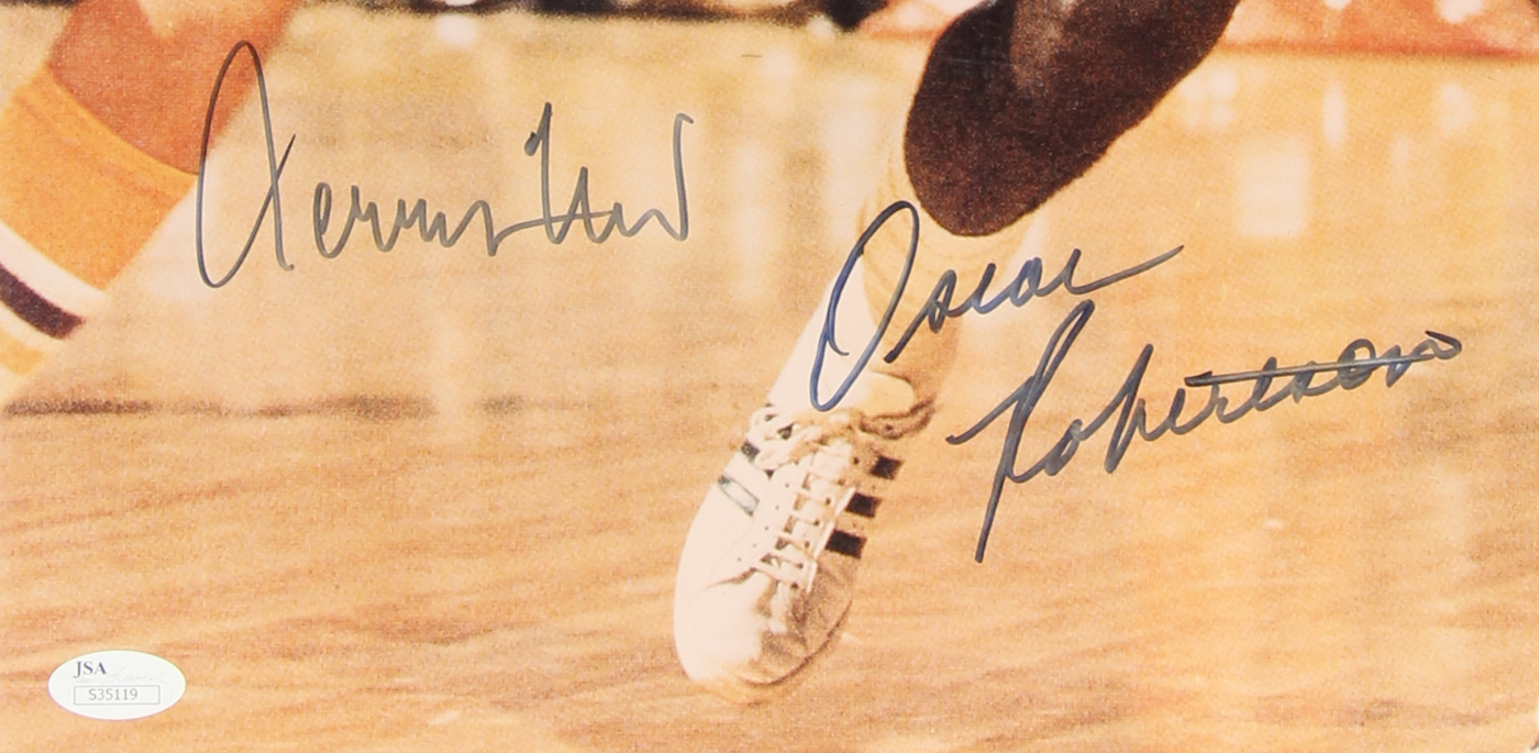 Jerry West & Oscar Robertson Signed 16x20 Photo (JSA COA) at PristineAuction.com Jerry West & Oscar Robertson Signed 16x20 Photo (JSA COA) at PristineAuction.com