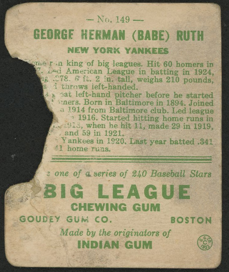 1933 Goudey #149 Babe Ruth RC at PristineAuction.com 1933 Goudey #149 Babe Ruth RC at PristineAuction.com
