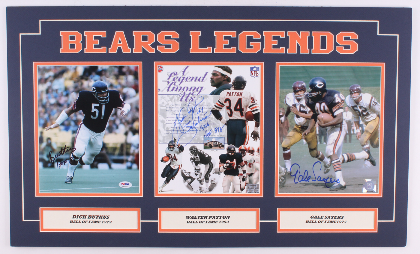 Walter Payton, Dick Butkus & Gale Sayers Signed 18x30 Custom Matted Photo Display (PSA COA, Payton COA & SOP COA) at PristineAuction.com Walter Payton, Dick Butkus & Gale Sayers Signed 18x30 Custom Matted Photo Display (PSA COA, Payton COA & SOP COA) at PristineAuction.com