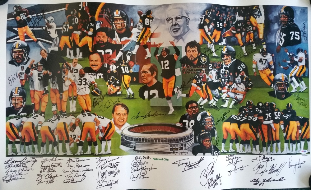 1970's Pittsburgh Steelers 20" x 39" Lithograph Team-Signed By (54) With Terry Bradshaw, Lynn Swann, John Stallworth, Franco Harris, Jack Ham (PSA LOA) at PristineAuction.com 1970's Pittsburgh Steelers 20" x 39" Lithograph Team-Signed By (54) With Terry Bradshaw, Lynn Swann, John Stallworth, Franco Harris, Jack Ham (PSA LOA) at PristineAuction.com