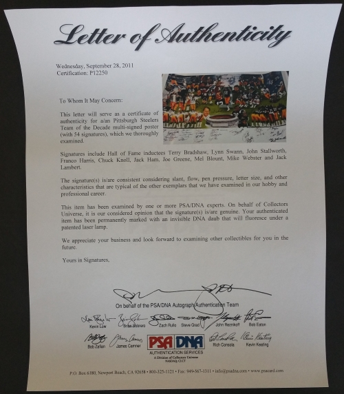 1970's Pittsburgh Steelers 20" x 39" Lithograph Team-Signed By (54) With Terry Bradshaw, Lynn Swann, John Stallworth, Franco Harris, Jack Ham (PSA LOA) at PristineAuction.com 1970's Pittsburgh Steelers 20" x 39" Lithograph Team-Signed By (54) With Terry Bradshaw, Lynn Swann, John Stallworth, Franco Harris, Jack Ham (PSA LOA) at PristineAuction.com