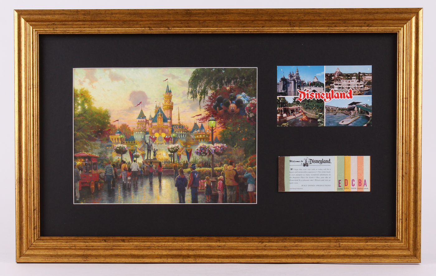 Thomas Kinkade 50th Anniversary "Disneyland" 15" x 24" Custom Framed Lithograph Display with Full Vintage Ticket Book & Postcard at PristineAuction.com Thomas Kinkade 50th Anniversary "Disneyland" 15" x 24" Custom Framed Lithograph Display with Full Vintage Ticket Book & Postcard at PristineAuction.com