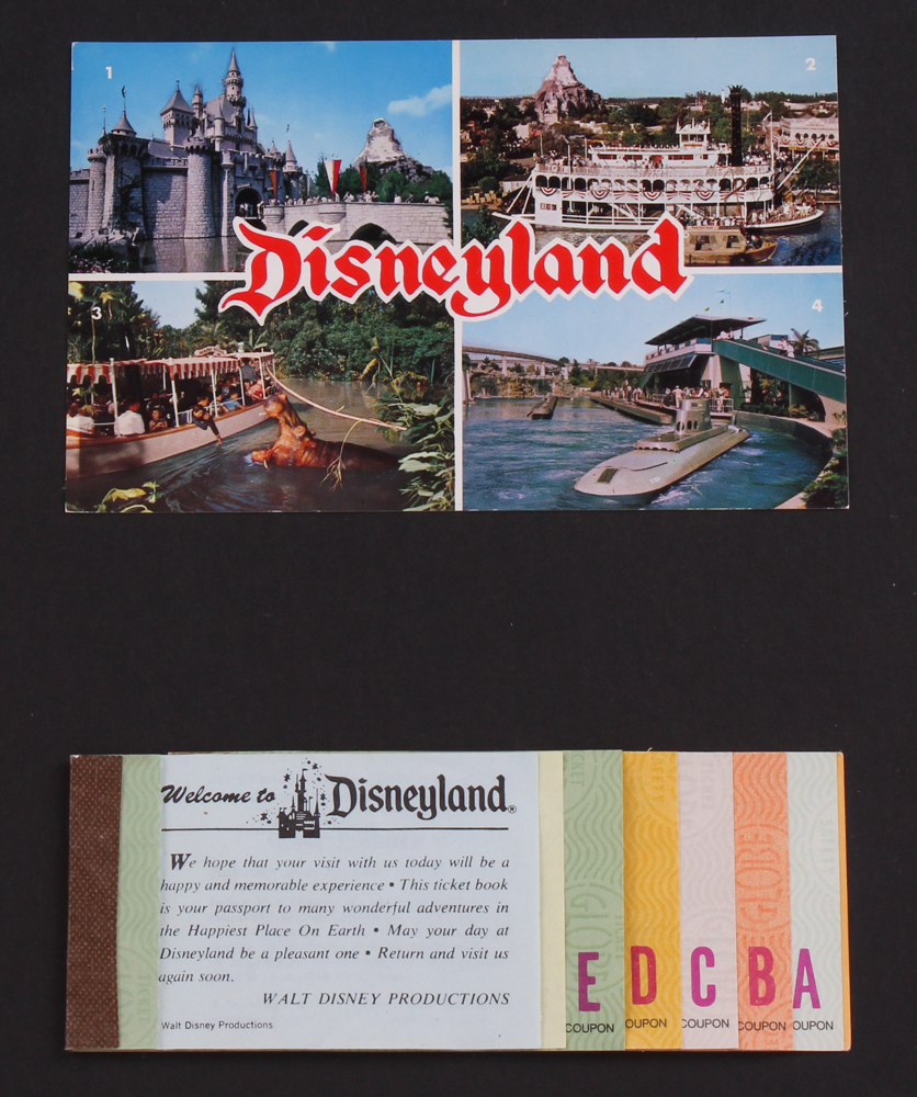 Thomas Kinkade 50th Anniversary "Disneyland" 15" x 24" Custom Framed Lithograph Display with Full Vintage Ticket Book & Postcard at PristineAuction.com Thomas Kinkade 50th Anniversary "Disneyland" 15" x 24" Custom Framed Lithograph Display with Full Vintage Ticket Book & Postcard at PristineAuction.com