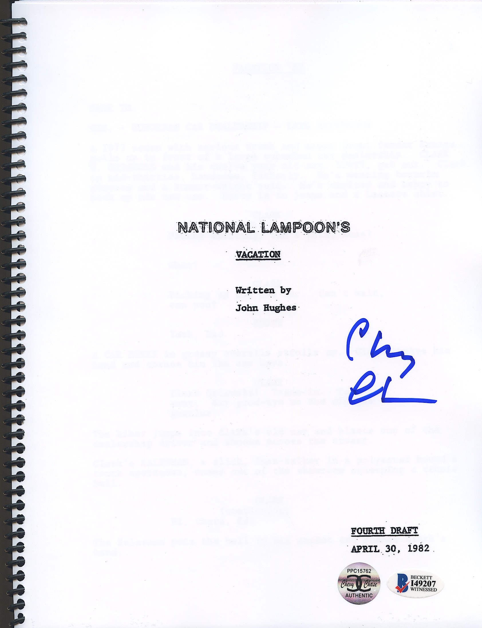Chevy Chase Signed "National Lampoon's Vacation" Full Script (Chase Hologram & Beckett Witnessed COA) at PristineAuction.com Chevy Chase Signed "National Lampoon's Vacation" Full Script (Chase Hologram & Beckett Witnessed COA) at PristineAuction.com