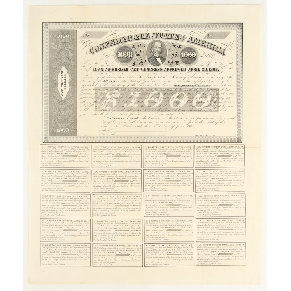 Full-Uncut 1863 $1000 One-Thousand Dollar Confederate States of America ...