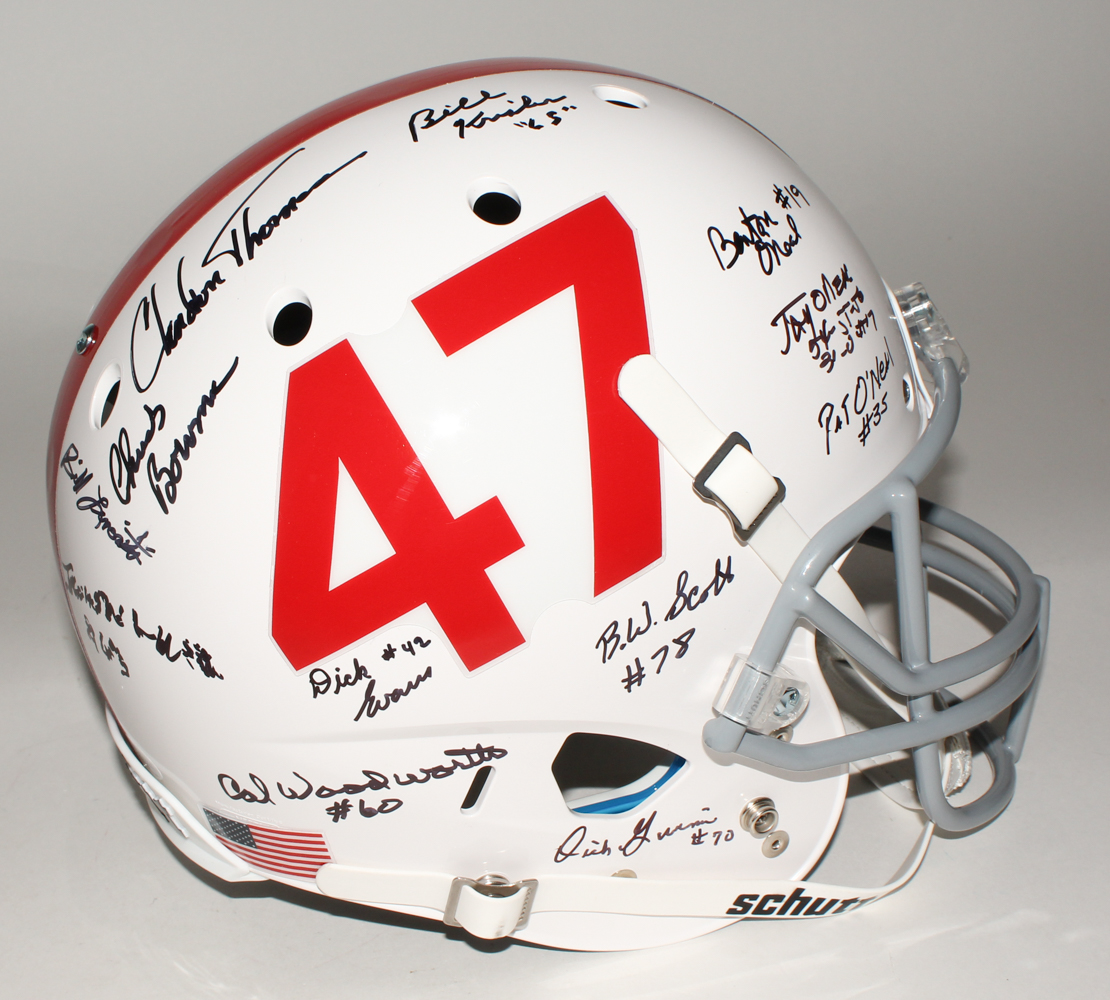 University of Oklahoma Full-Size Helmet Signed by (12) with Bill Krisher, Clendon Thomas, Jay O'Neal, Pat O'Neal, Benton O'Neal with (2) Inscriptions (JSA COA) at PristineAuction.com University of Oklahoma Full-Size Helmet Signed by (12) with Bill Krisher, Clendon Thomas, Jay O'Neal, Pat O'Neal, Benton O'Neal with (2) Inscriptions (JSA COA) at PristineAuction.com