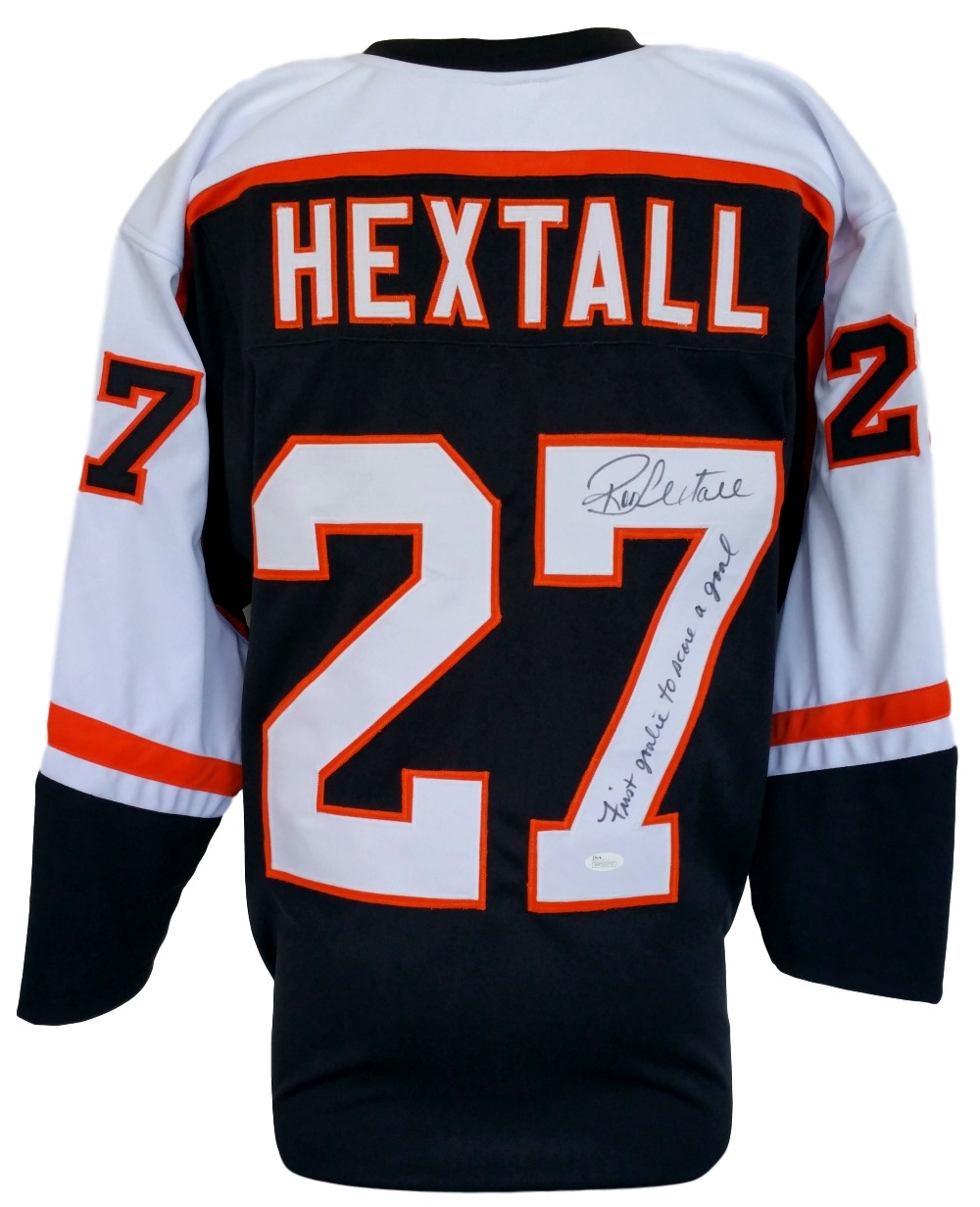 Ron Hextall Signed Flyers Jersey Inscribed "First Goalie To Score A Goal" (JSA COA) at PristineAuction.com Ron Hextall Signed Flyers Jersey Inscribed "First Goalie To Score A Goal" (JSA COA) at PristineAuction.com