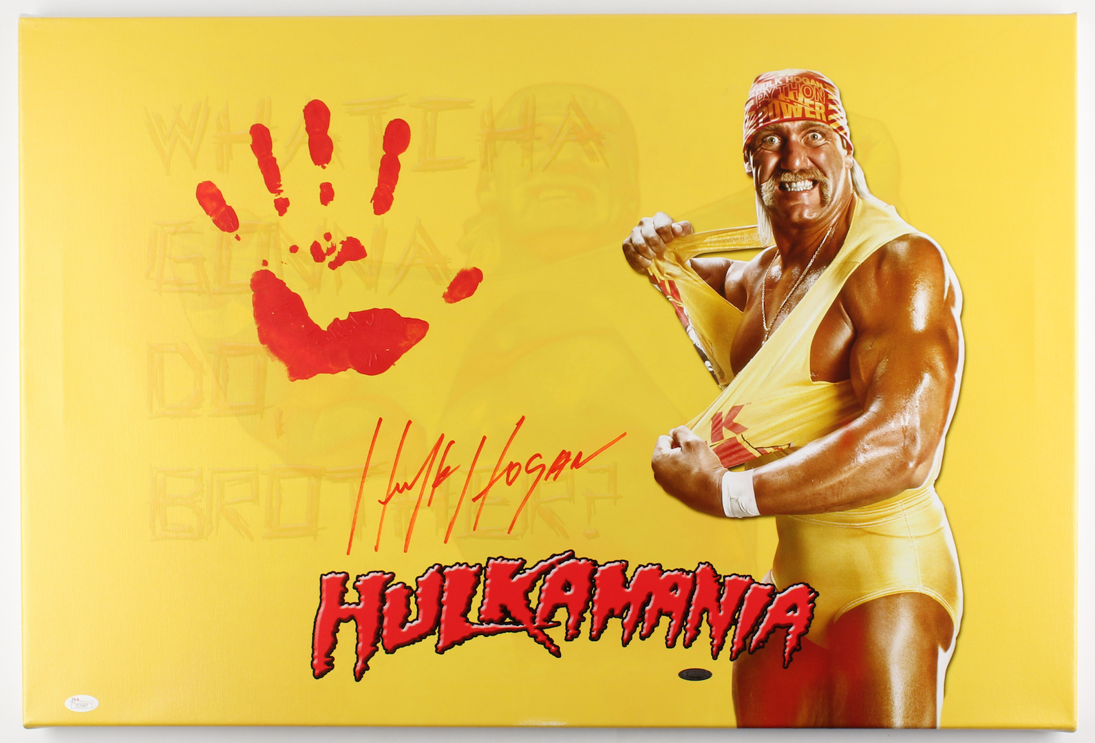 Hulk Hogan Signed 20" x 31" Giclee on Gallery Stretched Canvas with Original Handprint (JSA LOA) at PristineAuction.com Hulk Hogan Signed 20" x 31" Giclee on Gallery Stretched Canvas with Original Handprint (JSA LOA) at PristineAuction.com