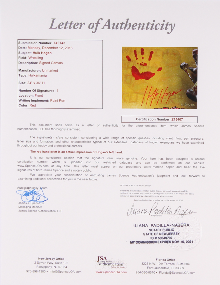 Hulk Hogan Signed 20" x 31" Giclee on Gallery Stretched Canvas with Original Handprint (JSA LOA) at PristineAuction.com Hulk Hogan Signed 20" x 31" Giclee on Gallery Stretched Canvas with Original Handprint (JSA LOA) at PristineAuction.com