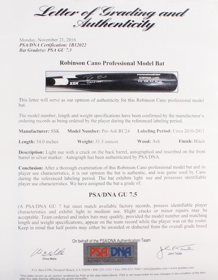 Robinson Cano Signed Game-Used SSK Model Pro Ash RC24 Baseball Bat Inscribed "Game Used" - PSA GU 7.5 (PSA LOA) at PristineAuction.com Robinson Cano Signed Game-Used SSK Model Pro Ash RC24 Baseball Bat Inscribed "Game Used" - PSA GU 7.5 (PSA LOA) at PristineAuction.com
