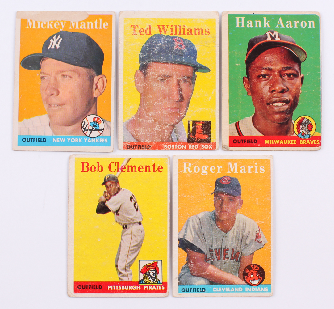 1958 Topps Complete Set of (495) Baseball Cards with #1 Ted Williams, #30 Hank Aaron, #47 Roger Maris RC, #52A Roberto Clemente, #150 Mickey Mantle at PristineAuction.com 1958 Topps Complete Set of (495) Baseball Cards with #1 Ted Williams, #30 Hank Aaron, #47 Roger Maris RC, #52A Roberto Clemente, #150 Mickey Mantle at PristineAuction.com