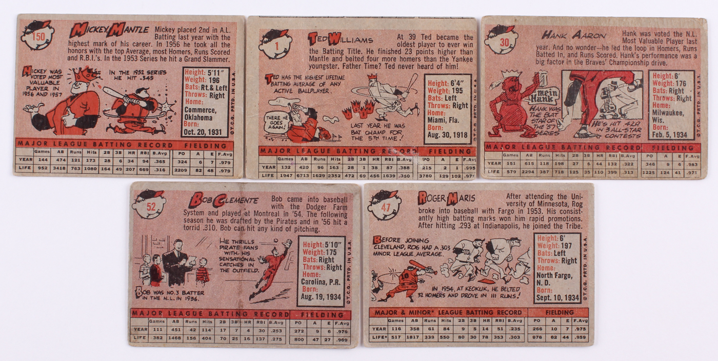 1958 Topps Complete Set of (495) Baseball Cards with #1 Ted Williams, #30 Hank Aaron, #47 Roger Maris RC, #52A Roberto Clemente, #150 Mickey Mantle at PristineAuction.com 1958 Topps Complete Set of (495) Baseball Cards with #1 Ted Williams, #30 Hank Aaron, #47 Roger Maris RC, #52A Roberto Clemente, #150 Mickey Mantle at PristineAuction.com