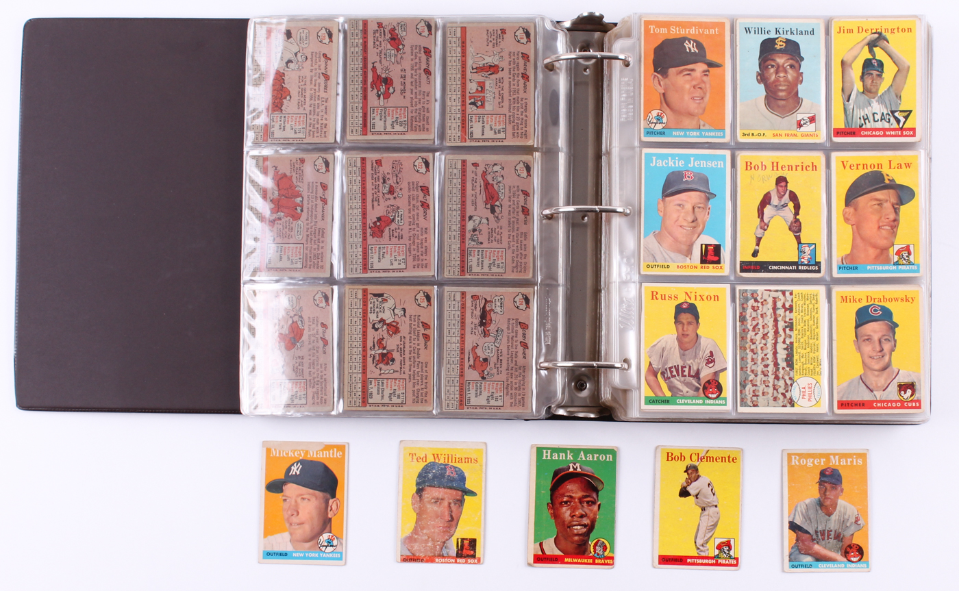 1958 Topps Complete Set of (495) Baseball Cards with #1 Ted Williams, #30 Hank Aaron, #47 Roger Maris RC, #52A Roberto Clemente, #150 Mickey Mantle at PristineAuction.com 1958 Topps Complete Set of (495) Baseball Cards with #1 Ted Williams, #30 Hank Aaron, #47 Roger Maris RC, #52A Roberto Clemente, #150 Mickey Mantle at PristineAuction.com