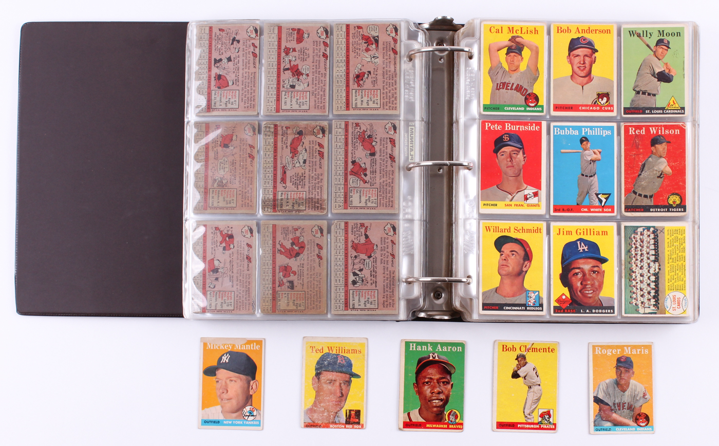 1958 Topps Complete Set of (495) Baseball Cards with #1 Ted Williams, #30 Hank Aaron, #47 Roger Maris RC, #52A Roberto Clemente, #150 Mickey Mantle at PristineAuction.com 1958 Topps Complete Set of (495) Baseball Cards with #1 Ted Williams, #30 Hank Aaron, #47 Roger Maris RC, #52A Roberto Clemente, #150 Mickey Mantle at PristineAuction.com