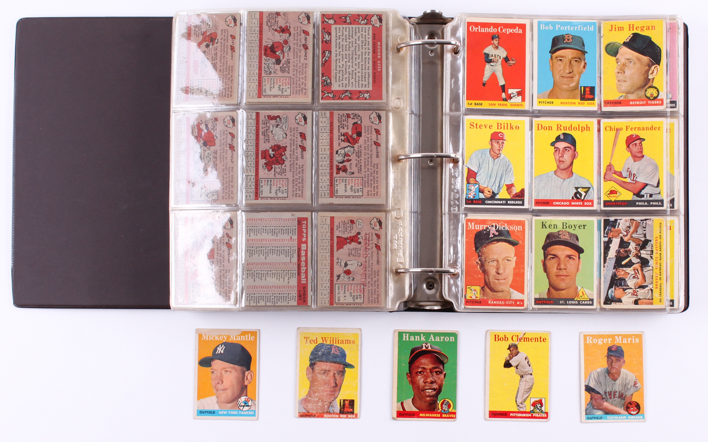 1958 Topps Complete Set of (495) Baseball Cards with #1 Ted Williams, #30 Hank Aaron, #47 Roger Maris RC, #52A Roberto Clemente, #150 Mickey Mantle at PristineAuction.com 1958 Topps Complete Set of (495) Baseball Cards with #1 Ted Williams, #30 Hank Aaron, #47 Roger Maris RC, #52A Roberto Clemente, #150 Mickey Mantle at PristineAuction.com