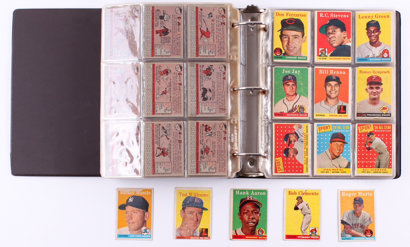 1958 Topps Complete Set of (495) Baseball Cards with #1 Ted Williams, #30 Hank Aaron, #47 Roger Maris RC, #52A Roberto Clemente, #150 Mickey Mantle at PristineAuction.com 1958 Topps Complete Set of (495) Baseball Cards with #1 Ted Williams, #30 Hank Aaron, #47 Roger Maris RC, #52A Roberto Clemente, #150 Mickey Mantle at PristineAuction.com