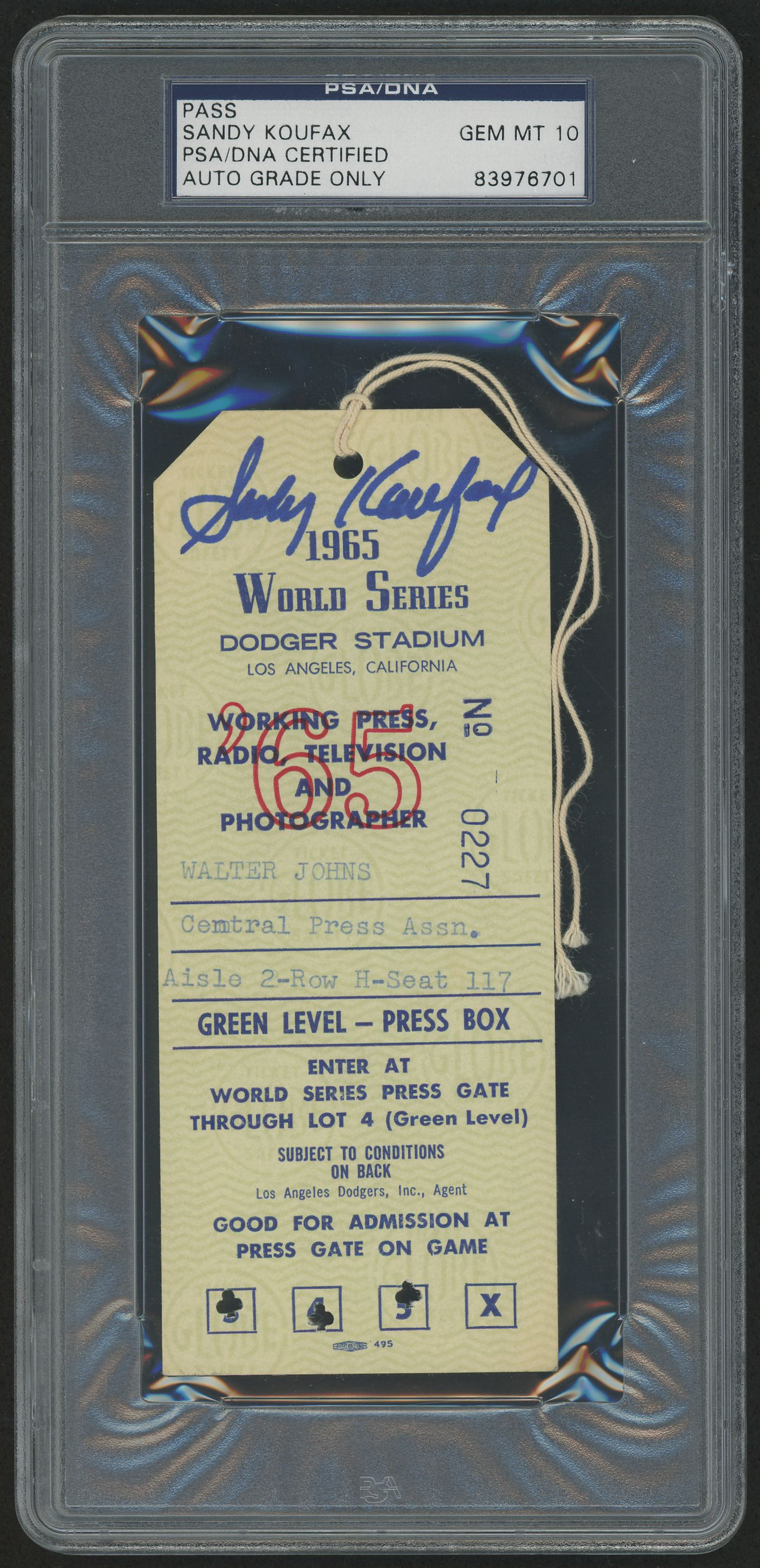 Sandy Koufax Signed Vintage 1965 World Series Press Pass (PSA 10) at PristineAuction.com Sandy Koufax Signed Vintage 1965 World Series Press Pass (PSA 10) at PristineAuction.com