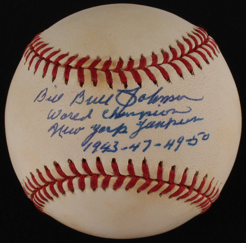 Bill "Bull" Johnson Signed OAL Baseball Inscribed "World Champion", "New York Yankees", & "1943. 47-49-50" (TriStar Hologram) at PristineAuction.com Bill "Bull" Johnson Signed OAL Baseball Inscribed "World Champion", "New York Yankees", & "1943. 47-49-50" (TriStar Hologram) at PristineAuction.com