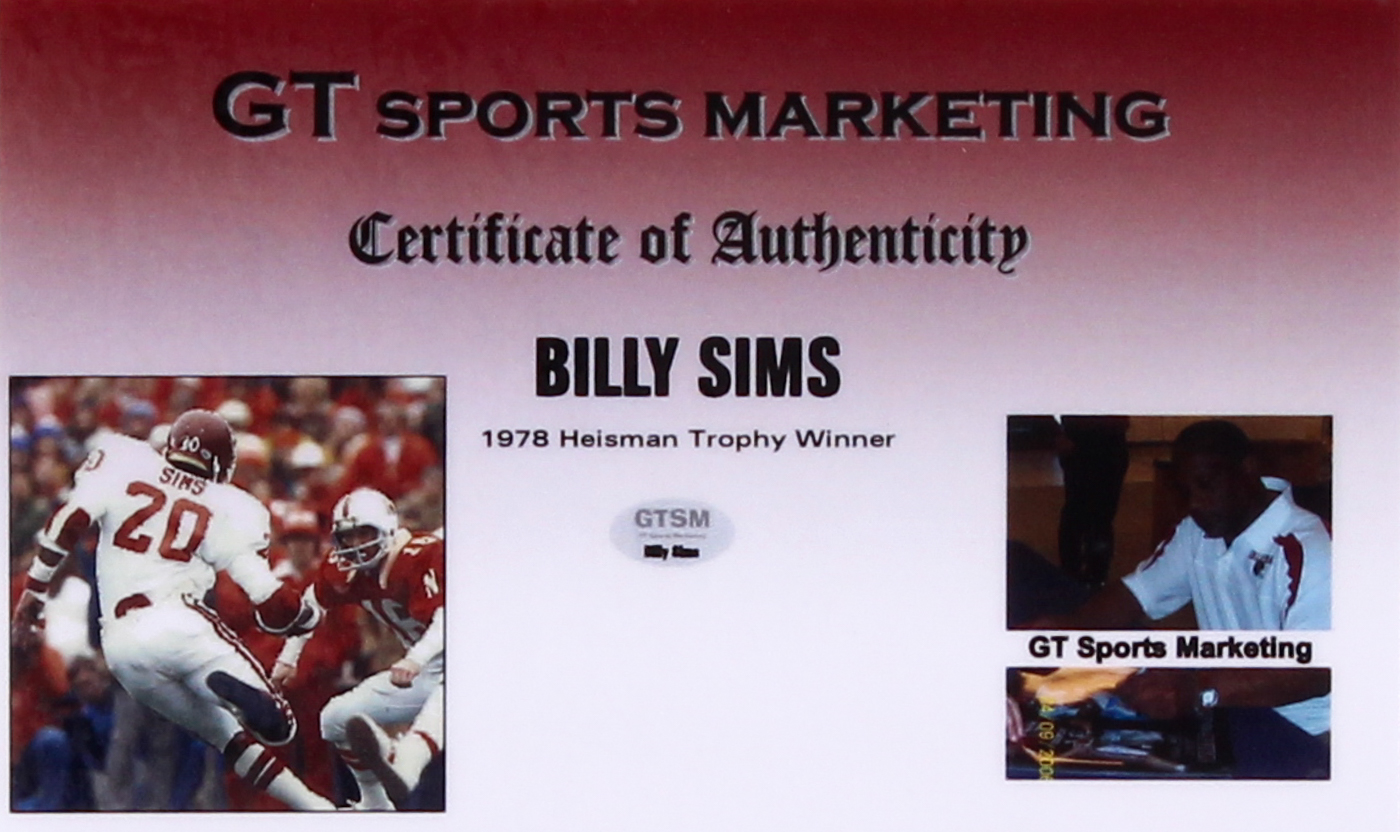 Billy Sims Signed Oklahoma Sooners Throwback Jersey Inscribed "78 Heisman" (GTSM COA & Billy Sims Hologram) at PristineAuction.com Billy Sims Signed Oklahoma Sooners Throwback Jersey Inscribed "78 Heisman" (GTSM COA & Billy Sims Hologram) at PristineAuction.com